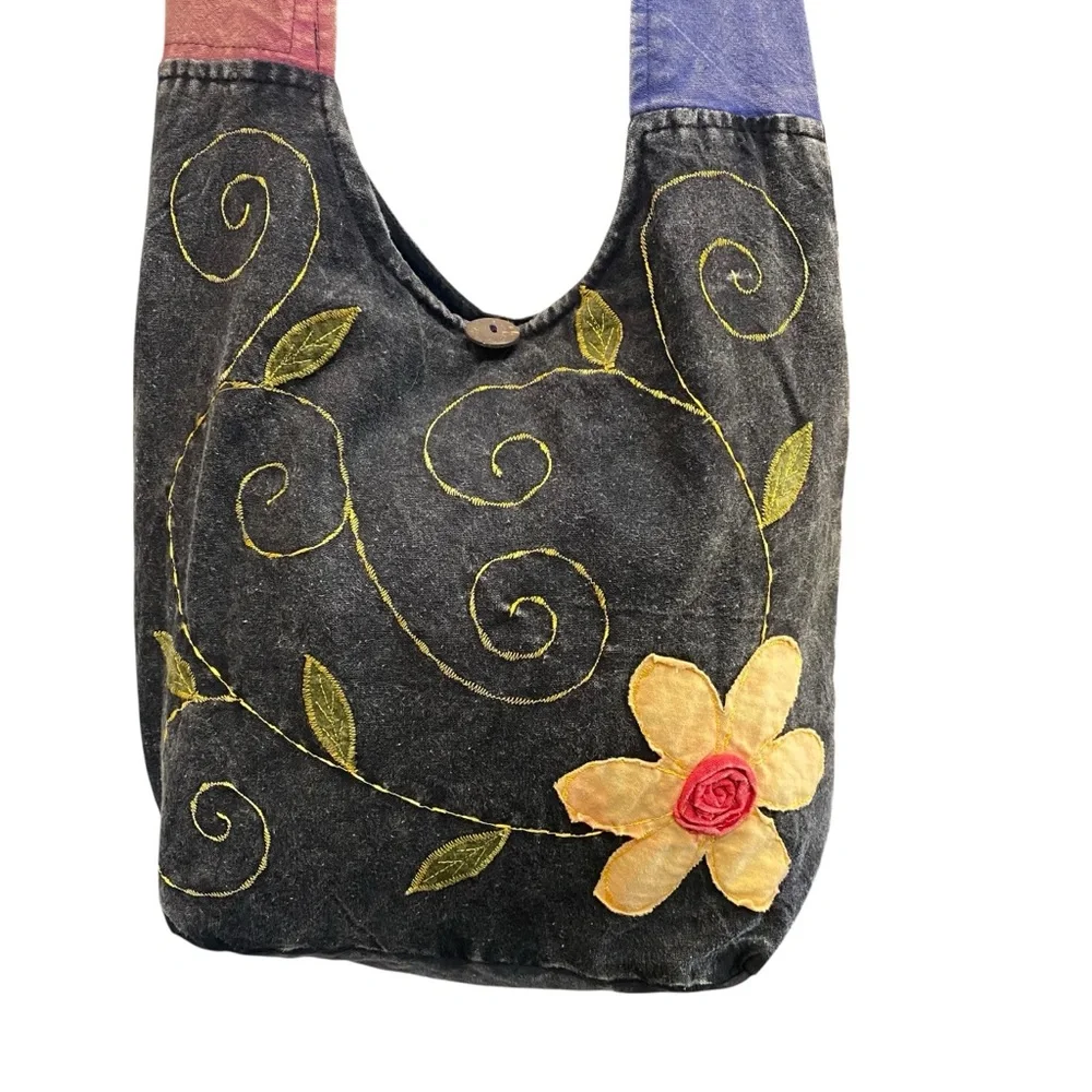 KATHMANDU Embroidered Floral Black Fabric Hippie Hobo Crossbody Shoulder Bag
